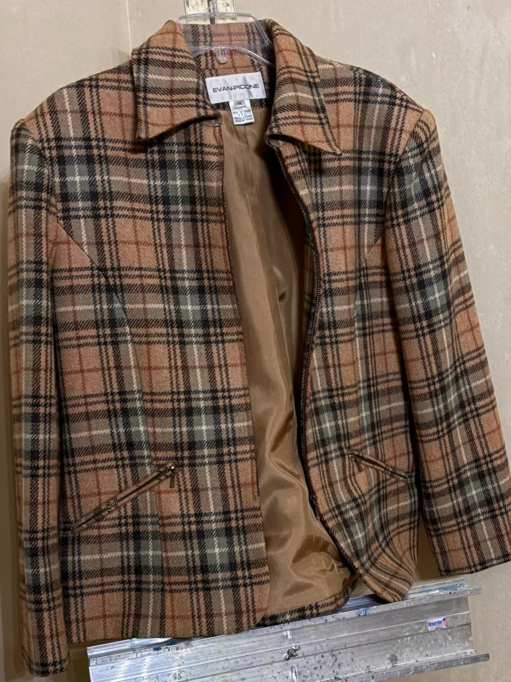 Evan Picone Plaid Wool Pea Coat - Tan, Black, Cream